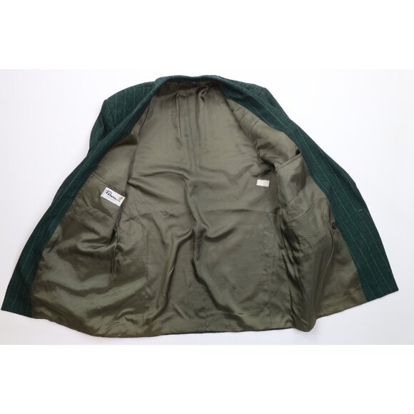 Vtg 70s 80s Mens 44L 2 Piece Wool Striped Double Breasted Suit Green 34x32 USA - Picture 7 of 16